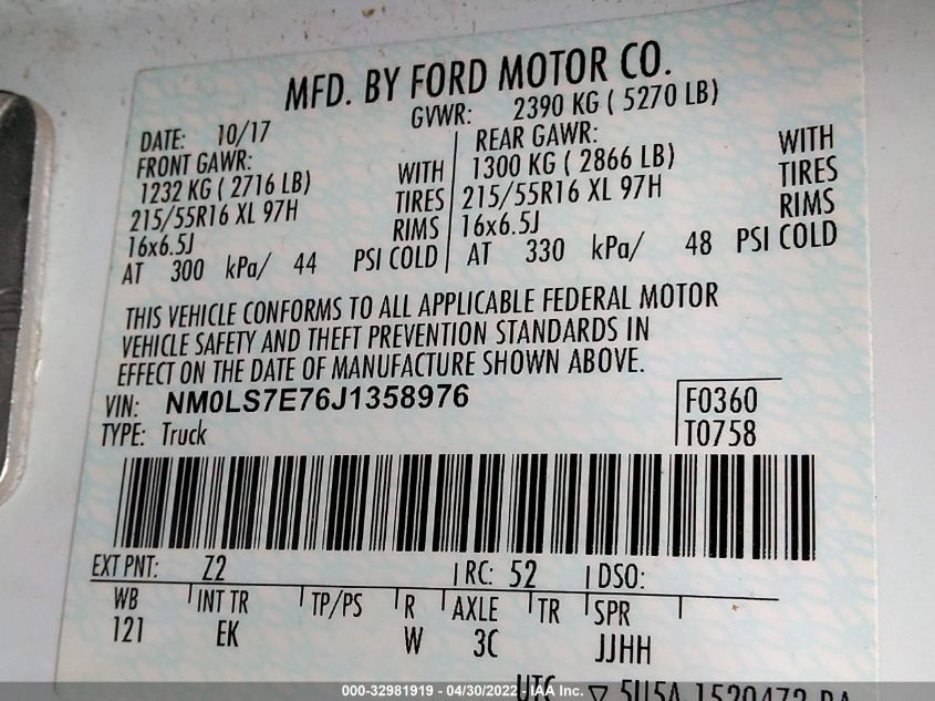 2018 FORD TRANSIT CONNECT VAN XL NM0LS7E76J1358976