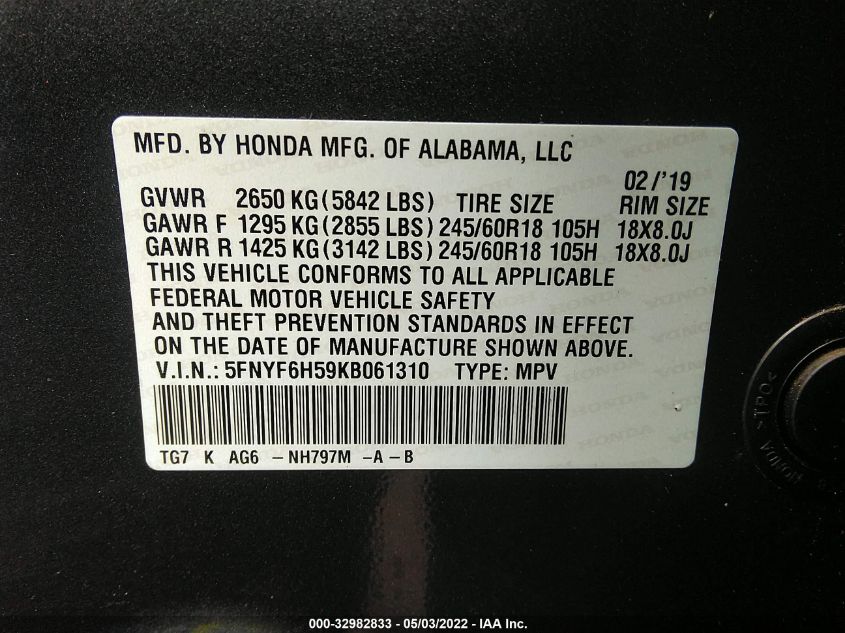 2019 HONDA PILOT EX-L 5FNYF6H59KB061310