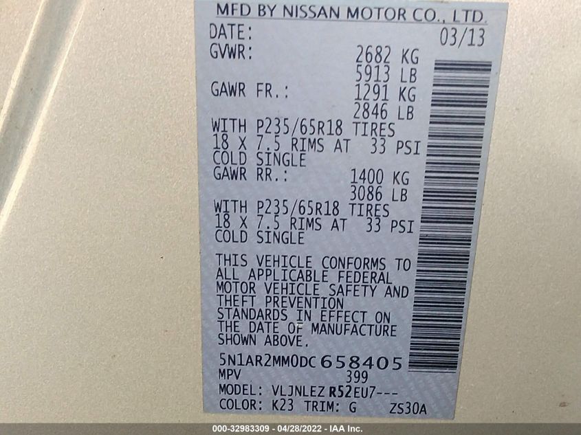 2013 NISSAN PATHFINDER SV 5N1AR2MM0DC658405