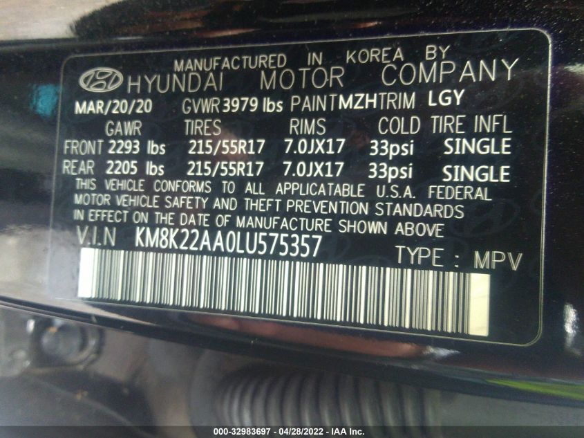 2020 HYUNDAI KONA SEL KM8K22AA0LU575357