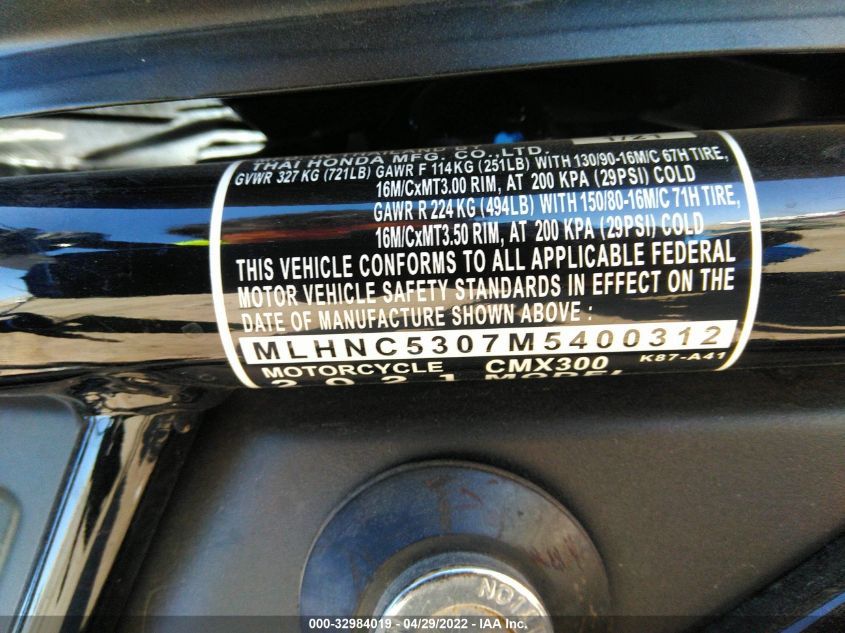 2021 HONDA CMX300 MLHNC5307M5400312