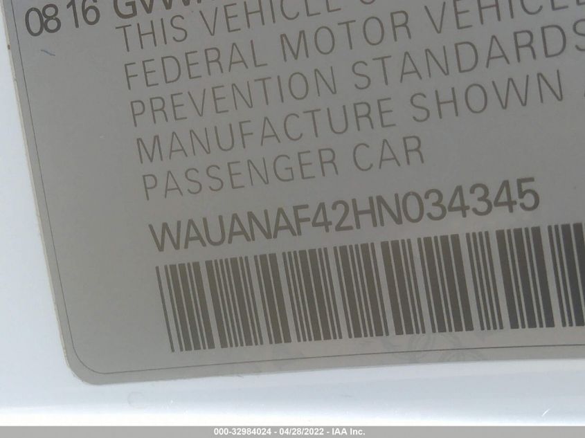 2017 AUDI A4 PREMIUM WAUANAF42HN034345