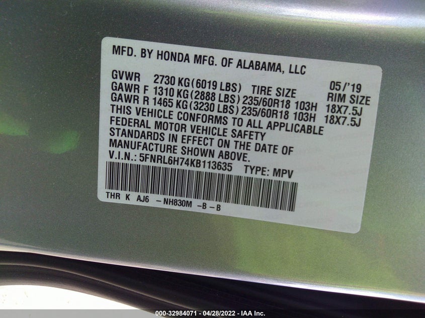2019 HONDA ODYSSEY VIN: 5FNRL6H74KB113635