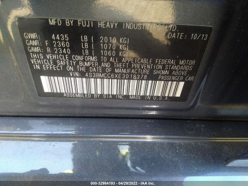 2014 SUBARU LEGACY 2.5I PREMIUM 4S3BMCC6XE3018378