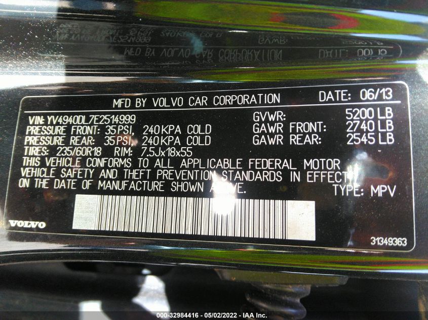 2014 VOLVO XC60 3.2L YV4940DL7E2514999