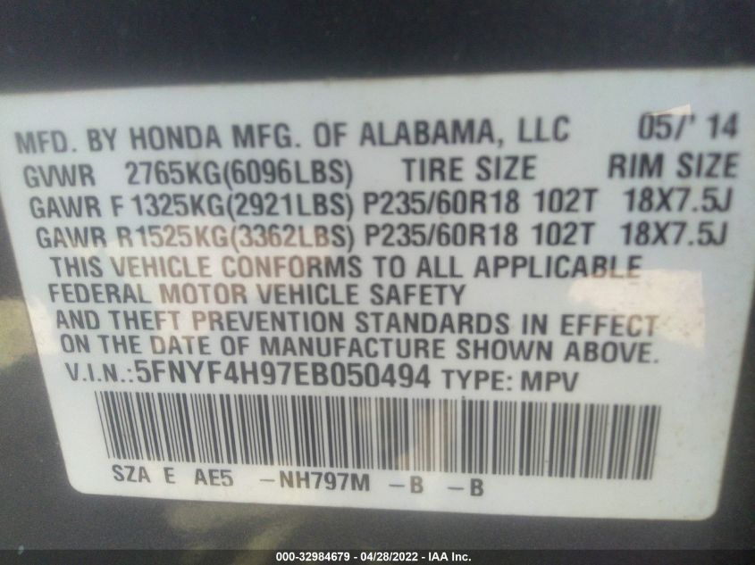 2014 HONDA PILOT TOURING 5FNYF4H97EB050494