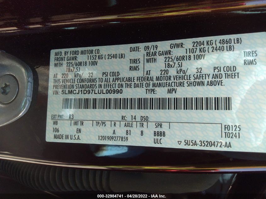 2020 LINCOLN CORSAIR STANDARD 5LMCJ1D97LUL00990