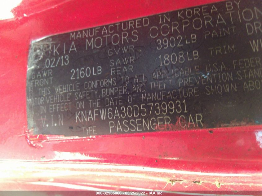 2013 KIA FORTE KOUP SX KNAFW6A30D5739931