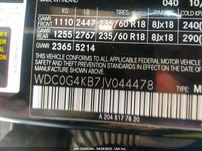 2018 MERCEDES-BENZ GLC GLC 300 WDC0G4KB7JV044478