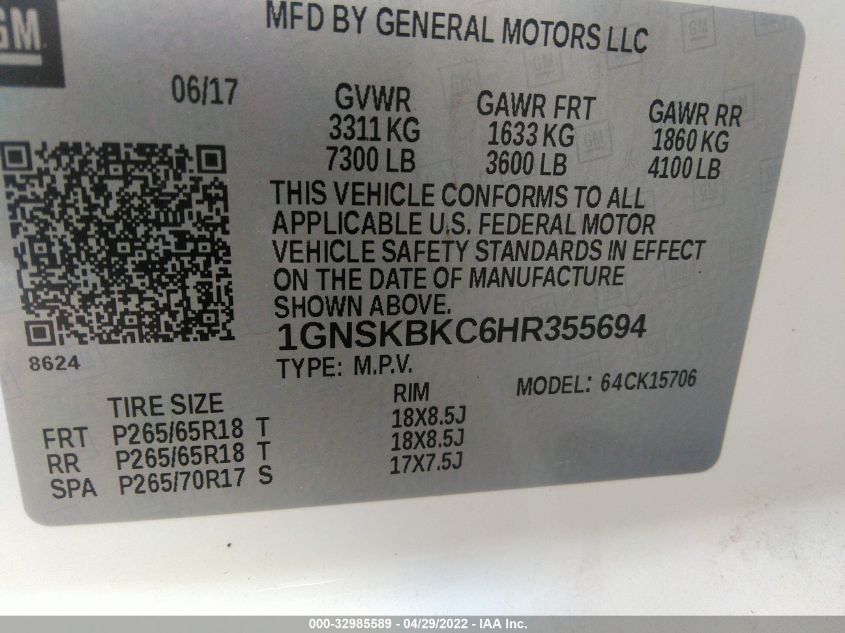 2017 CHEVROLET TAHOE LT 1GNSKBKC6HR355694