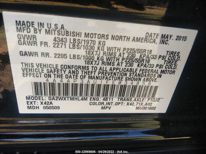 2015 MITSUBISHI OUTLANDER SPORT ES 4A4AP3AU1FE034858