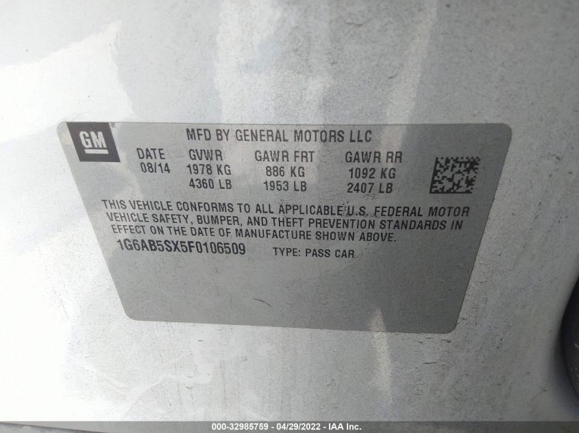 2015 CADILLAC ATS SEDAN LUXURY RWD 1G6AB5SX5F0106509