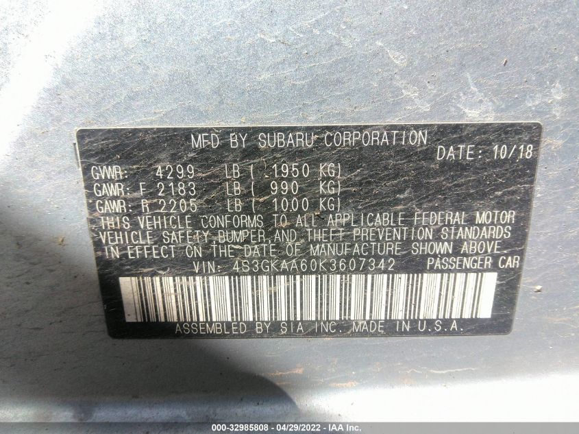 2019 SUBARU IMPREZA 4S3GKAA60K3607342