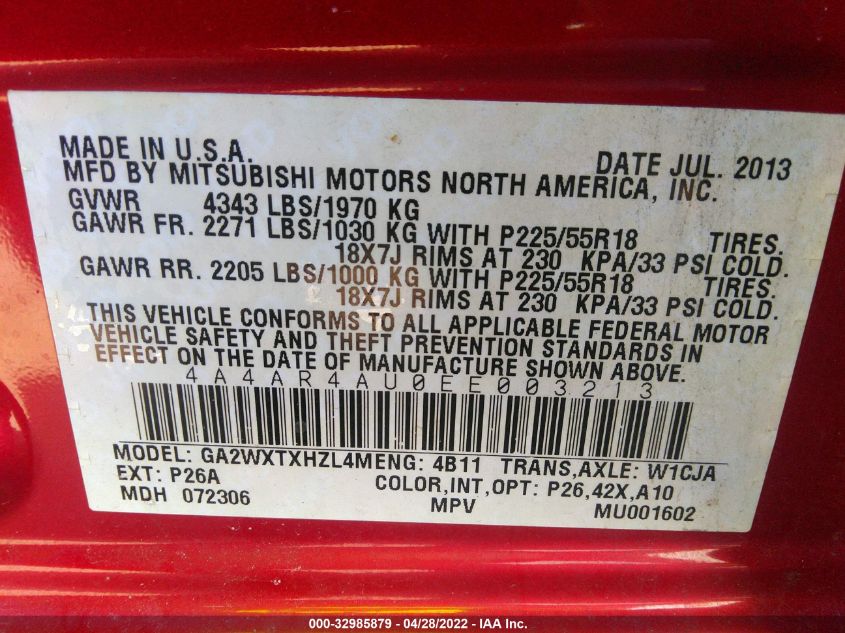2014 MITSUBISHI OUTLANDER SPORT SE 4A4AR4AU0EE003213