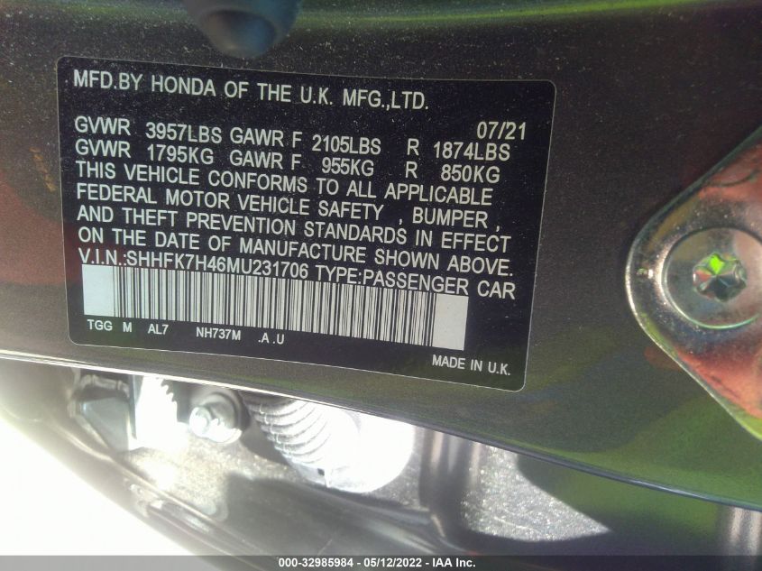 2021 HONDA CIVIC HATCHBACK SPORT SHHFK7H46MU231706
