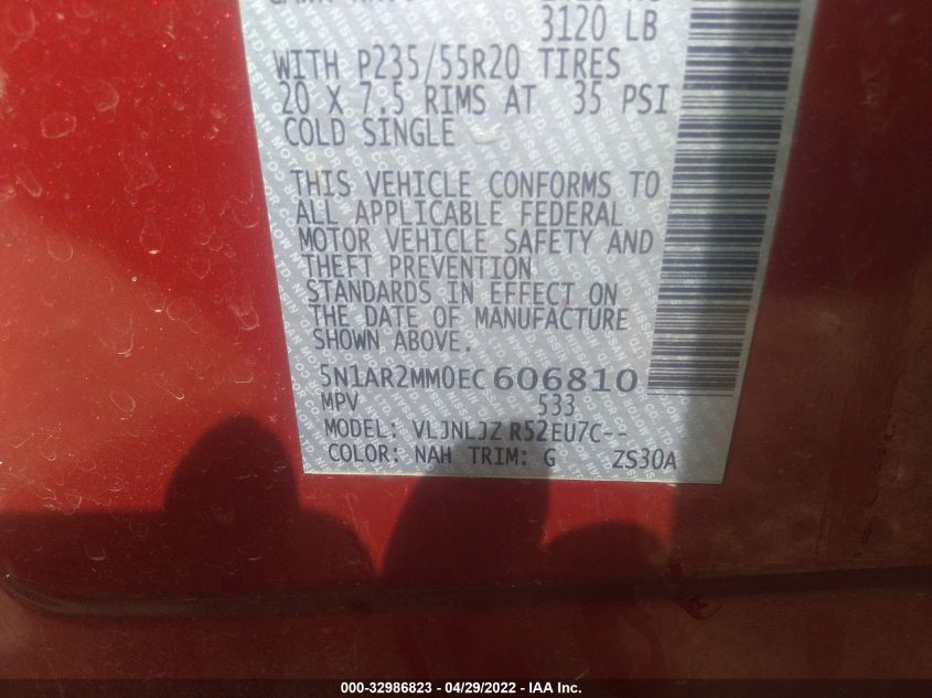 2014 NISSAN PATHFINDER PLATINUM 5N1AR2MM0EC606810
