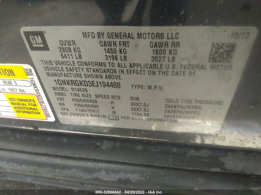 2014 CHEVROLET TRAVERSE LT 1GNKRGKD3EJ194488