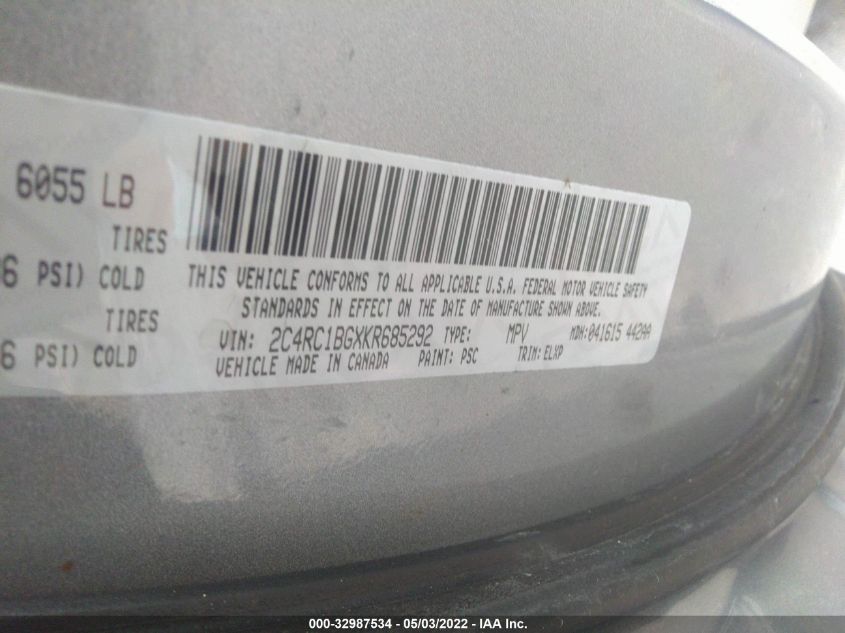 2019 CHRYSLER PACIFICA TOURING L 2C4RC1BGXKR685292