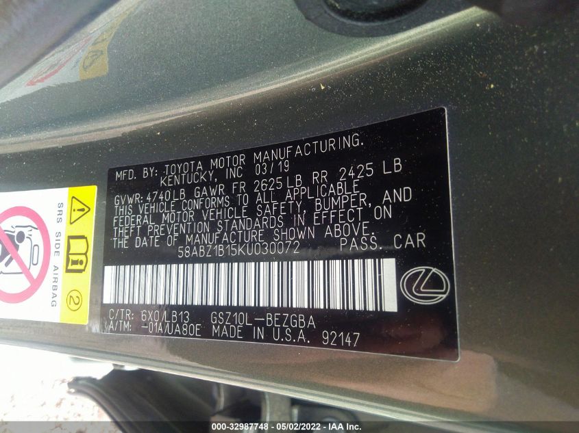 2019 LEXUS ES ES 350 58ABZ1B15KU030072