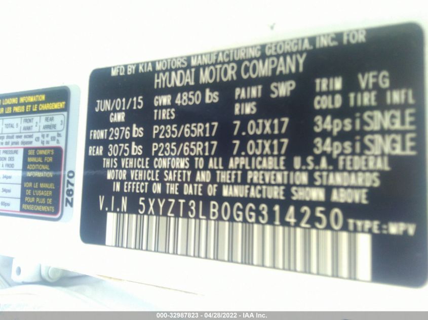 2016 HYUNDAI SANTA FE SPORT 5XYZT3LB0GG314250