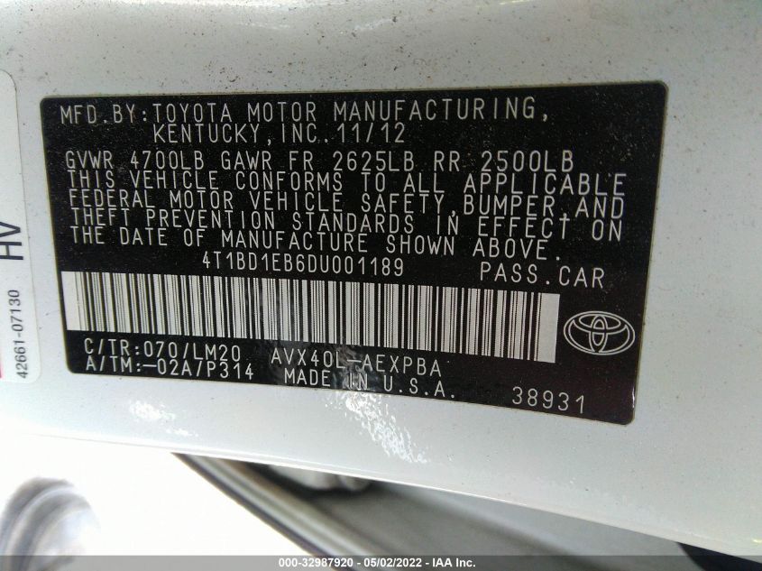 2013 TOYOTA AVALON HYBRID XLE PREMIUM 4T1BD1EB6DU001189