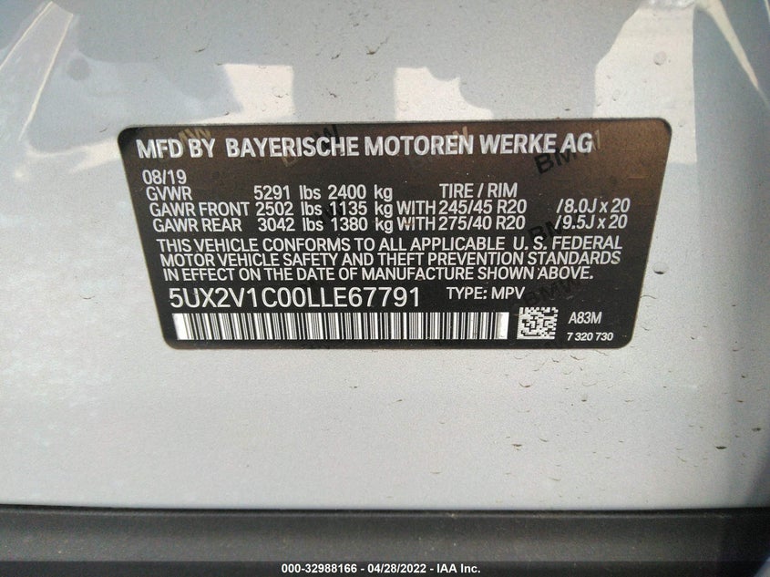 2020 BMW X4 VIN: 5UX2V1C00LLE67791