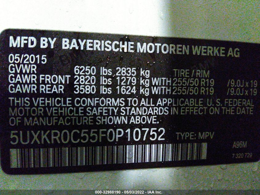 2015 BMW X5 XDRIVE35I 5UXKR0C55F0P10752