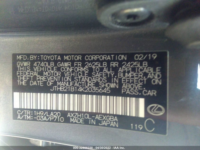 2019 LEXUS ES ES 300H JTHB21B14K2035645