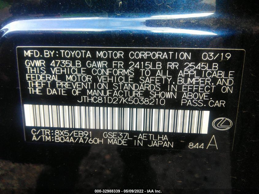 2019 LEXUS IS IS 300 JTHC81D27K5038210