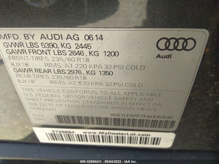 2015 AUDI Q5 PREMIUM PLUS WA1LFAFP7FA005490