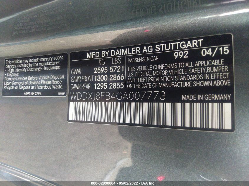2016 MERCEDES-BENZ S-CLASS S 550 WDDXJ8FB4GA007773