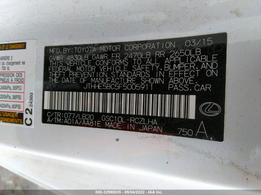 2015 LEXUS RC 350 JTHHE5BC5F5005911