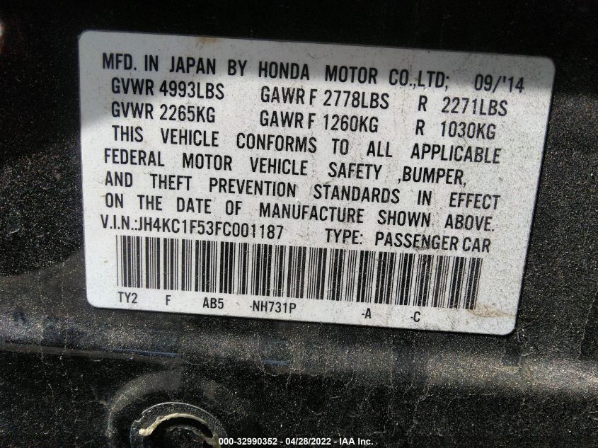 2015 ACURA RLX TECH PKG JH4KC1F53FC001187