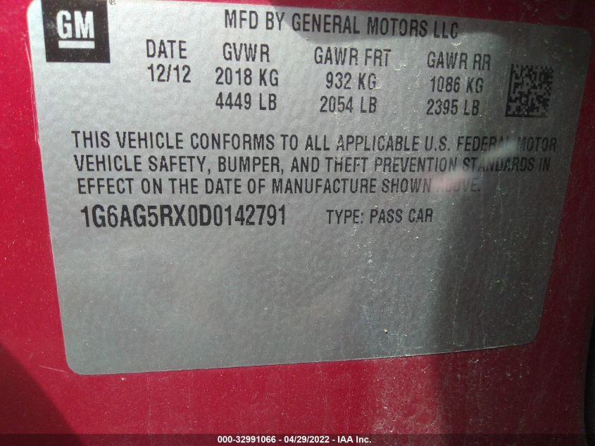 2013 CADILLAC ATS 1G6AG5RX0D0142791