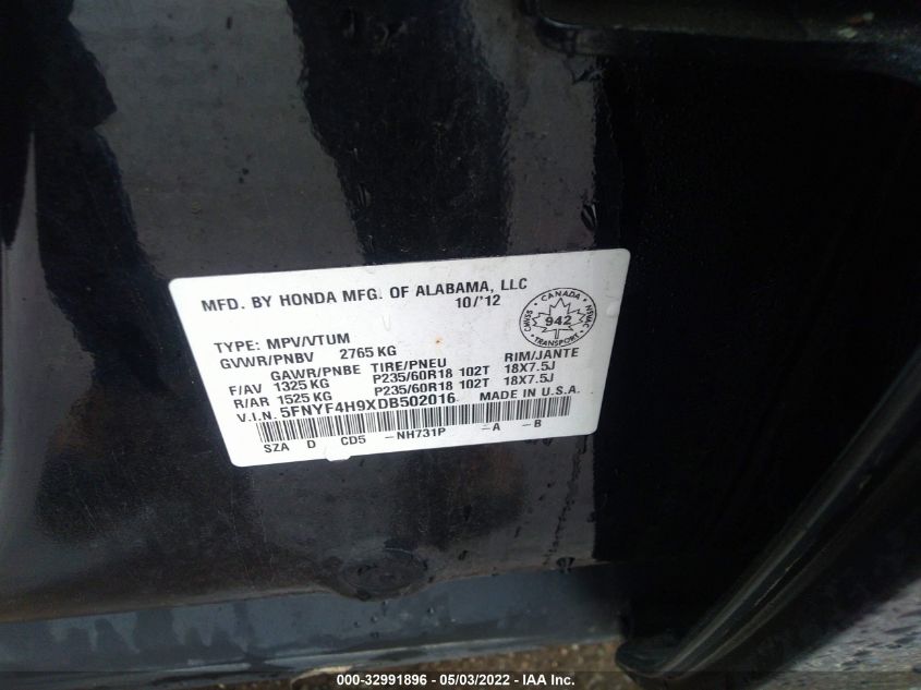2013 HONDA PILOT TOURING 5FNYF4H9XDB502016