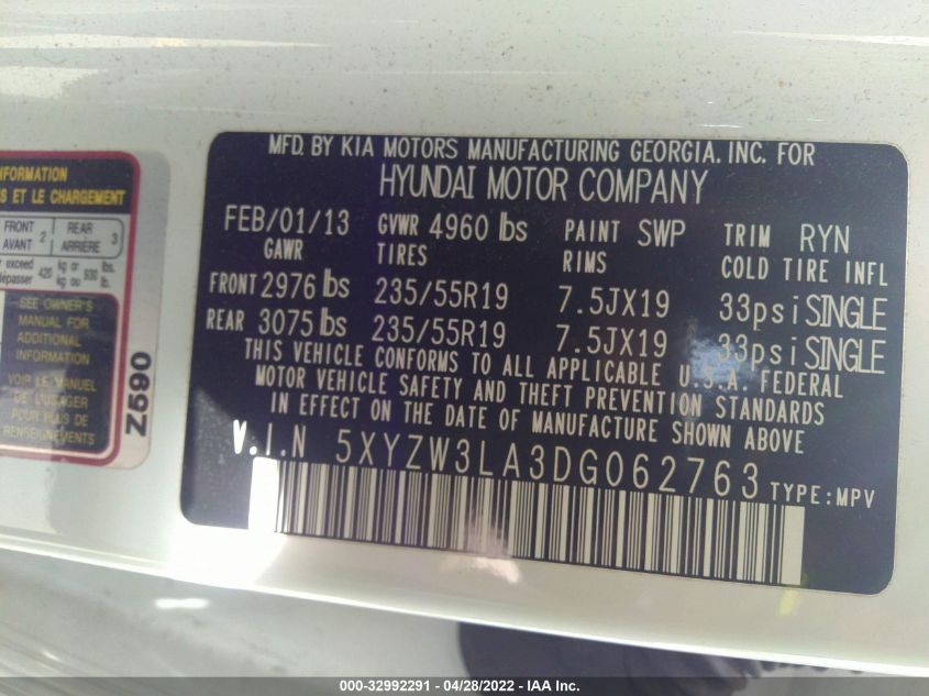 2013 HYUNDAI SANTA FE 2.0T SPORT 5XYZW3LA3DG062763