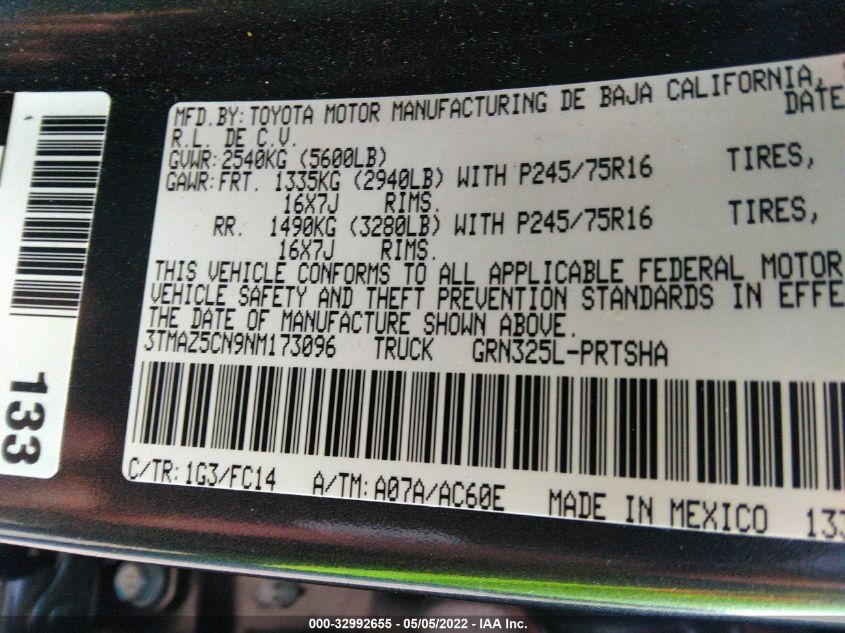 2022 TOYOTA TACOMA 2WD SR5/TRD SPORT 3TMAZ5CN9NM173096