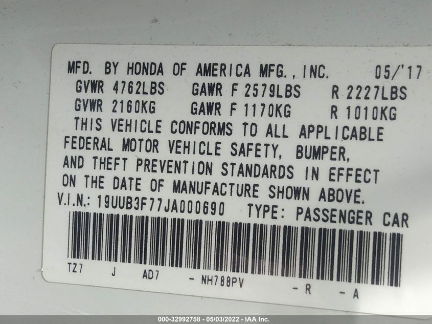 2018 ACURA TLX W/ADVANCE PKG 19UUB3F77JA000690