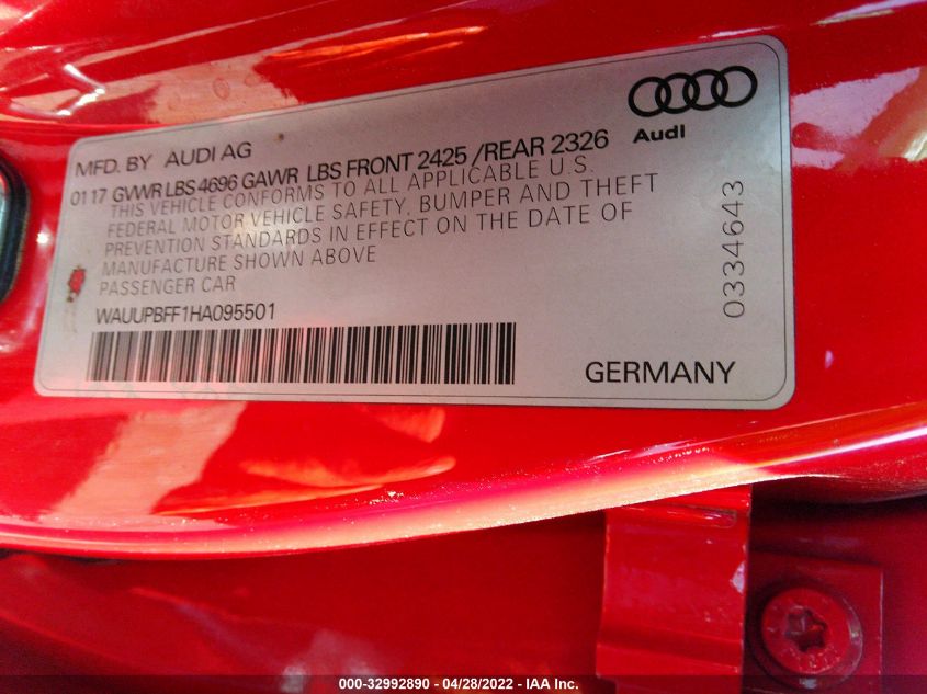 2017 AUDI A3 SPORTBACK E-TRON PREMIUM WAUUPBFF1HA095501