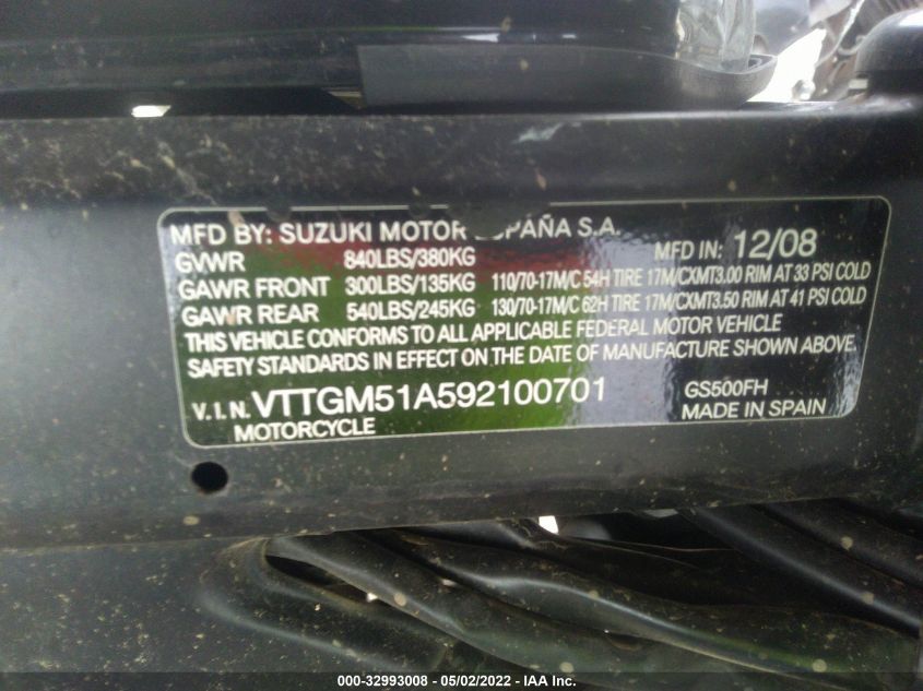 2009 SUZUKI GS500 VTTGM51A592100701