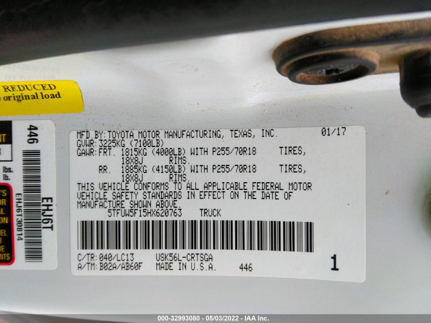 2017 TOYOTA TUNDRA 4WD SR/SR5/TRD PRO 5TFUW5F15HX620763
