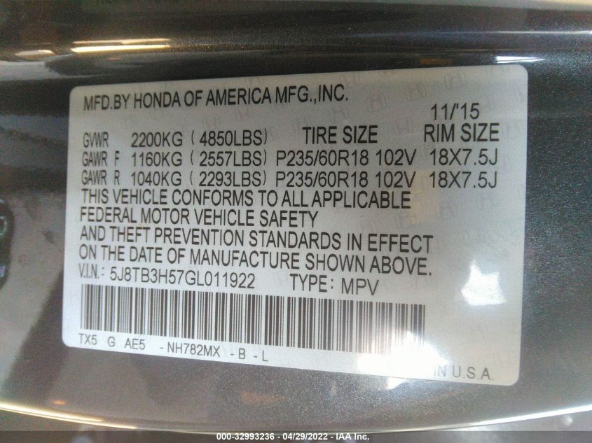 2016 ACURA RDX TECHNOLOGY 5J8TB3H57GL011922