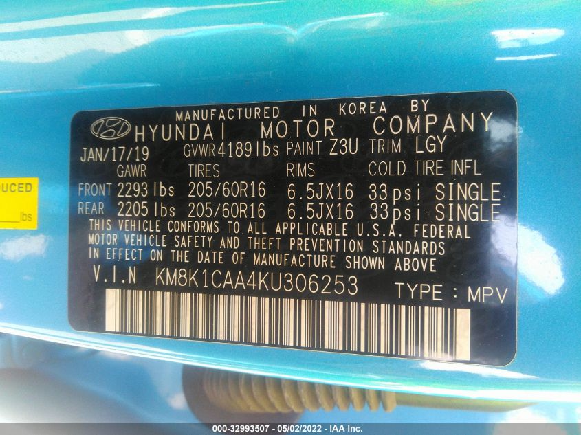 2019 HYUNDAI KONA SE KM8K1CAA4KU306253