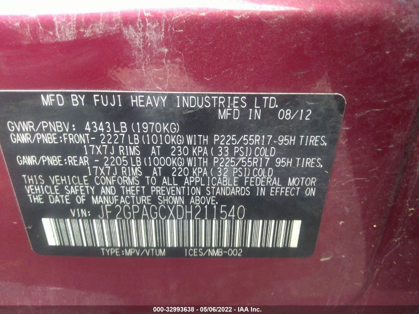 2013 SUBARU XV CROSSTREK LIMITED JF2GPAGCXDH211540