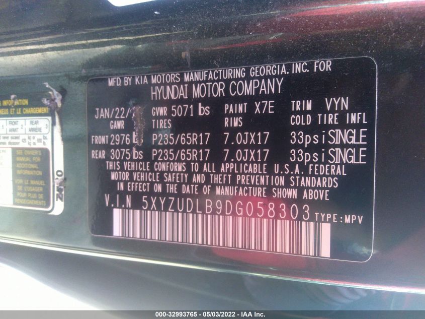 2013 HYUNDAI SANTA FE SPORT 5XYZUDLB9DG058303