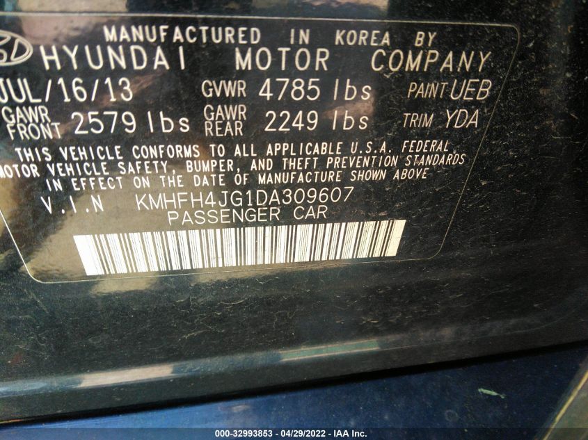 2013 HYUNDAI AZERA KMHFH4JG1DA309607