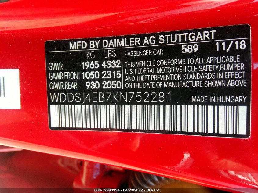 2019 MERCEDES-BENZ CLA CLA 250 WDDSJ4EB7KN752281