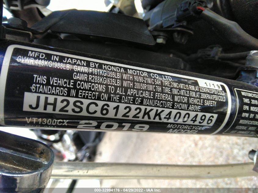 2019 HONDA VT1300 CX JH2SC6122KK400496