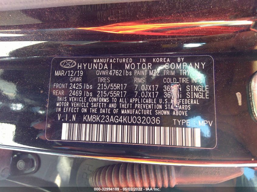 2019 HYUNDAI KONA EV SEL KM8K23AG4KU032036