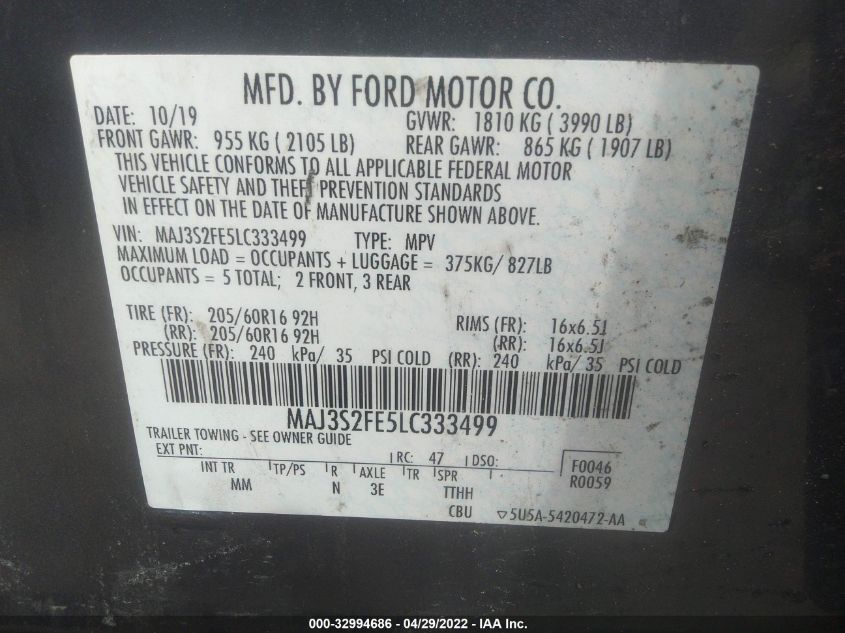 2020 FORD ECOSPORT S MAJ3S2FE5LC333499
